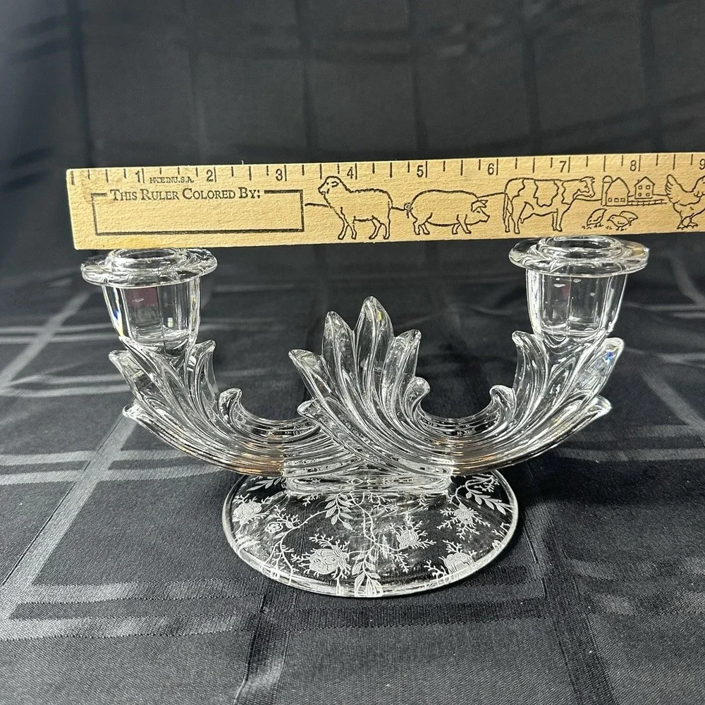 Vintage Crystal Fostoria Baroque‎ Double Candle Sticks Chintz Etched Pattern
